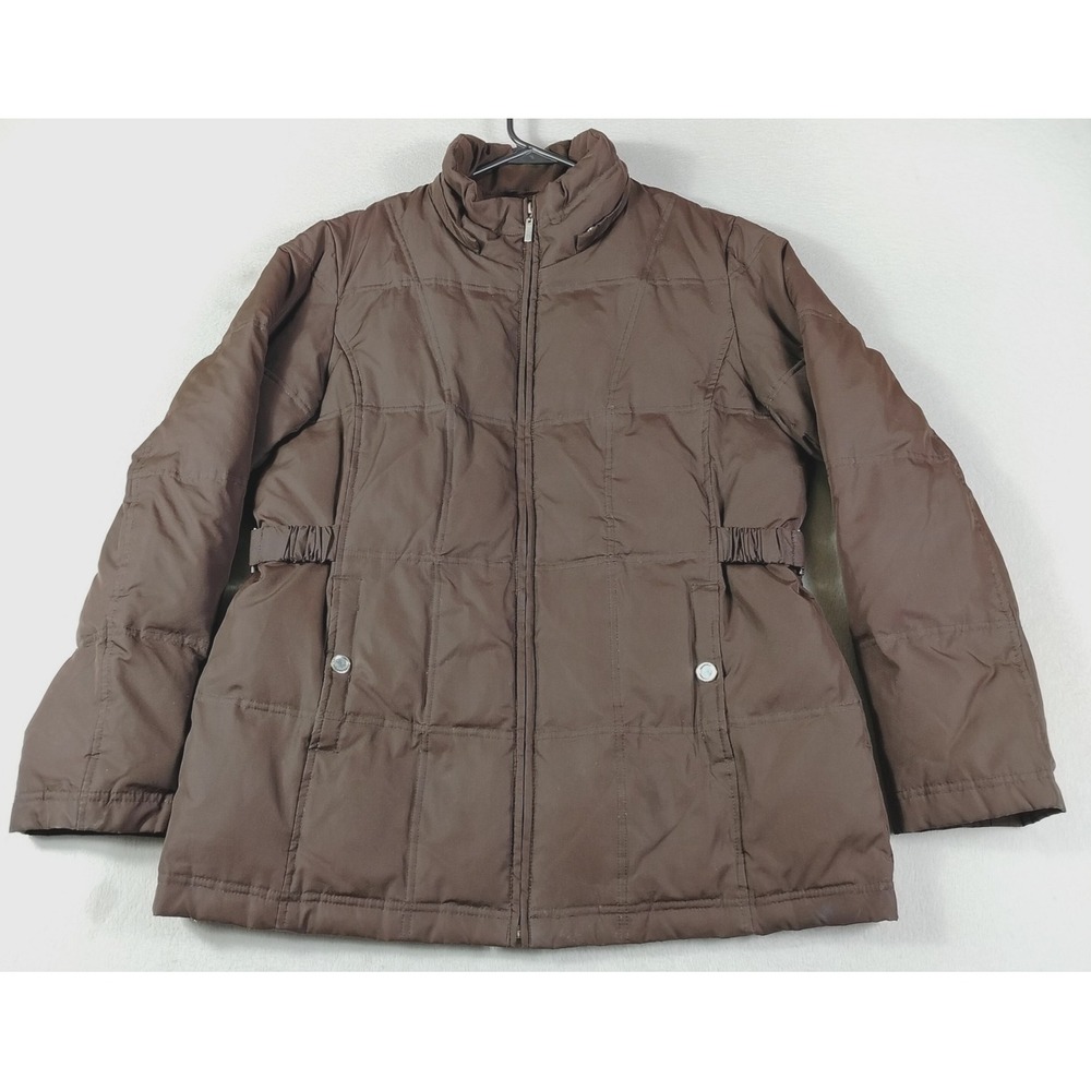 Faded Glory Coat Womens Large Brown Quilted Down Puffer Full Zip Mid Length